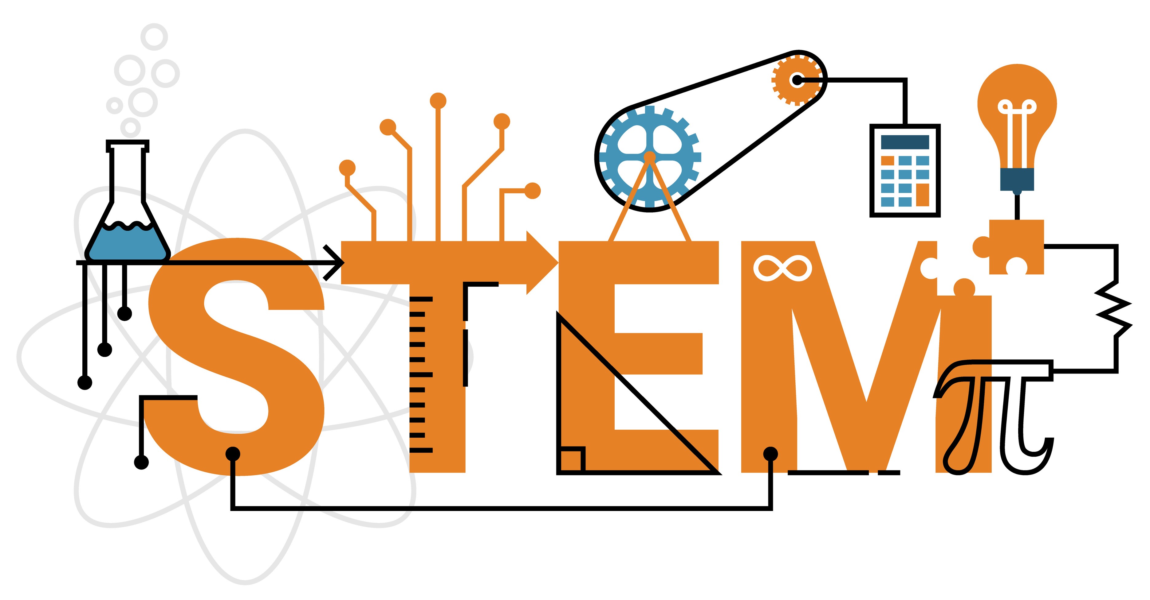 Illustration spelling out STEM - Science, Technology, Engineering and Maths