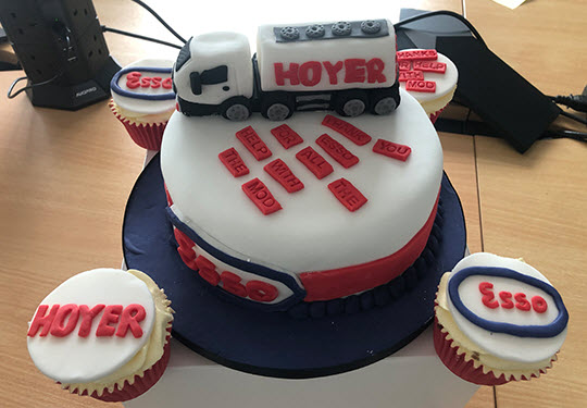 Image Hoyer presented our UK Fuels team with a cake in gratitude for the assistance we have provided in enabling them to train MOD drivers at our fuel terminals.